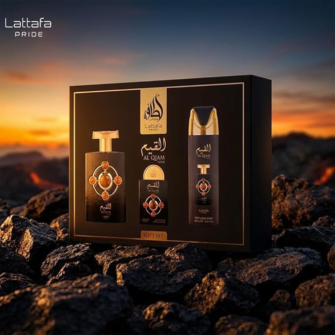 Lattafa Pride - Al Qiam Gold for Men - 3 Pc Gift Set 3.4oz EDP Spray, 6.67oz Perfumed Body Spray, 0.67oz EDP Spray