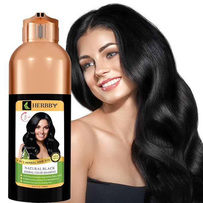 HERBBY Hair Color Shampoo for Gray Hair Coverage&Color Transform with 9 Herbal Extracts –Long Lasting(6-8 Weeks),Shiny,Evenly Colored,Instant Hair Dye Shampoo&Conditioner,500 Ml (NATURAL BLACK COLOR)