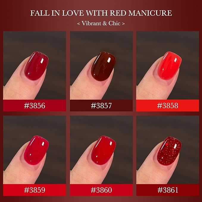 GAOY Red Gel Nail Polish Set, 6 Colors Burgundy Cherry Jelly Glitter, UV Light Cure Gel Polish for Nail Art DIY at Home