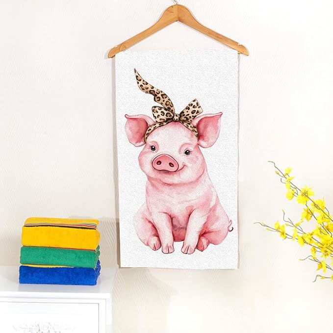 Pink Funny Cute Pig Hand Towel Farm Animal Piggy Wearing Leopard Bandana Face Towels Suit Travel Sports Pool Swimming Bath Camping Spa Gym Yoga,15x30 Inch