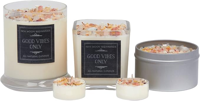 Good Vibes Only Candle by New Moon Beginnings - Negative Energy Cleansing - Soy Aromatherapy Candle - Handmade with Crystals & Herbs (6 Pack tealights)