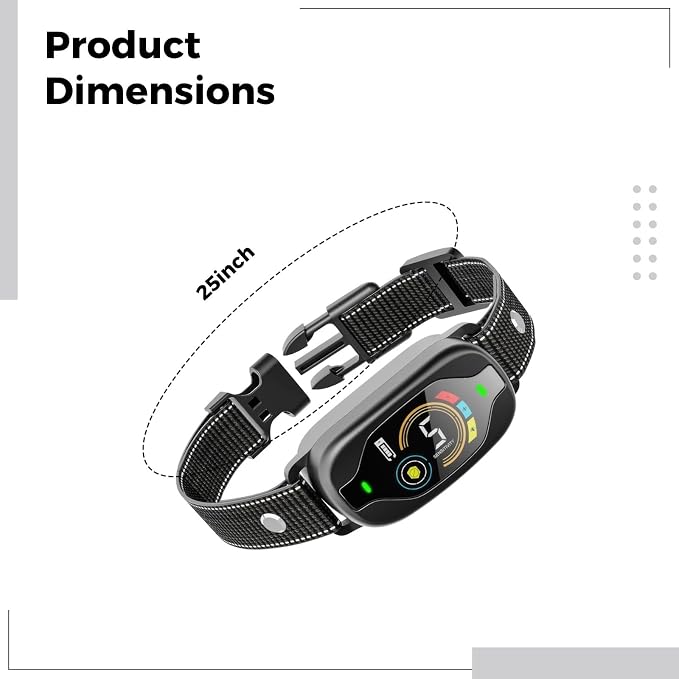 Waterproof Smart Bark Collar with 25 in / 63.5 Cm Strap, 5 Sensitivity Levels, Rechargeable, Color Display, Nylon, Black