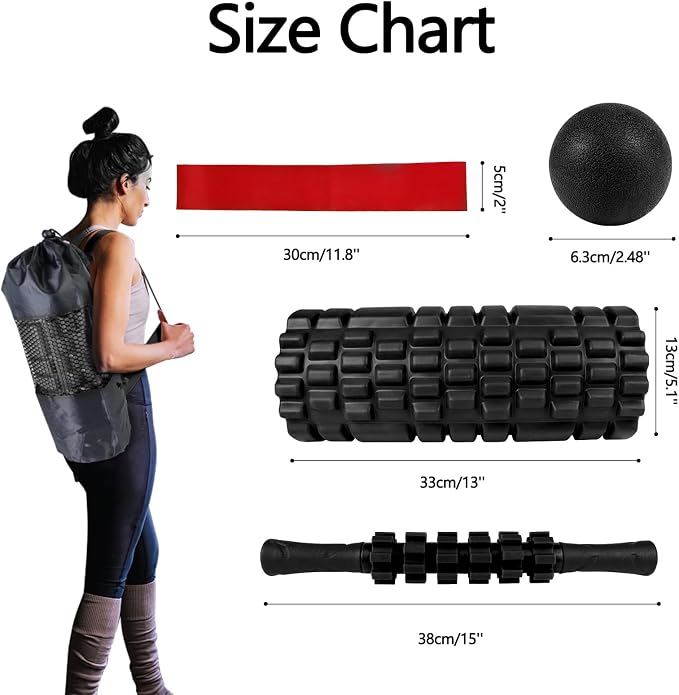 JOYENERGY 5 in 1 Foam Roller Set High Density Foam Roller Patented, Massage Stick, Massage Ball, Resistance Band for Deep Muscle Massage Pilates Yoga, Fitness for Trigger Point Release