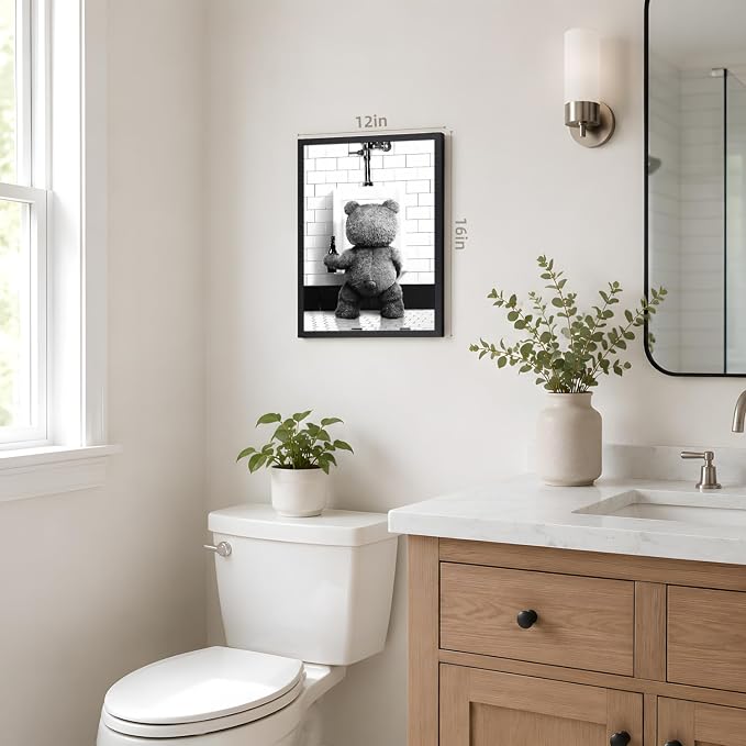 VziizV Funny Bear Bathroom Wall Art, Teddy Bear with Beer Canvas Print, Humorous Black and White Animal Decor, Farmhouse Restroom Artwork for Living Room Bathroom Bedroom Wood Framed 16x24 Inch