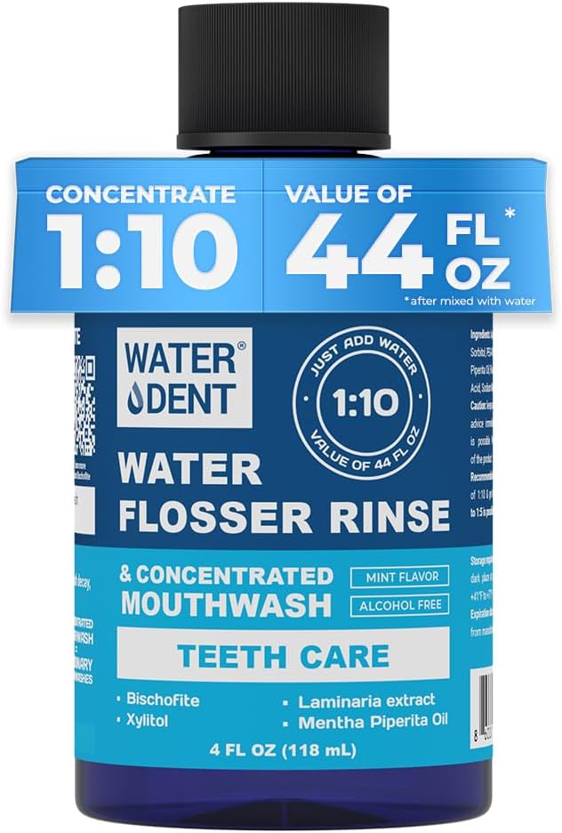 WATER DENT | Water Flosser Rinse, IRRIGANT, Concentrate Mouthwash | When dilluted1:10 = 44 fl.oz, Travel Size, Add to Oral irrigator, Mint Flavor, Alcohol & Fluoride Free. Made in USA | 4 fl.oz