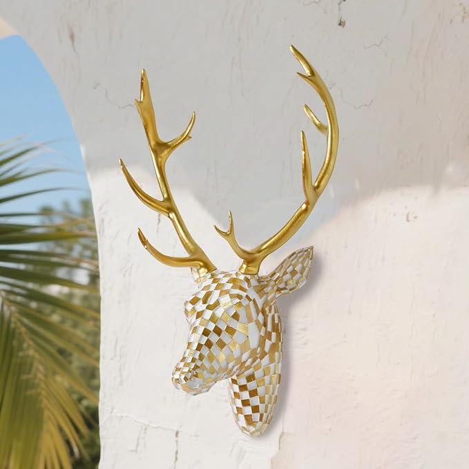 GIGICICI Mosaic Deer Head Wall Decor 15.7x8.7 Inch, Artistic Faux Resin Animal Head Wall Sculpture Hanging for Living Room Bedroom Kitchen Office, White-Gold Gift