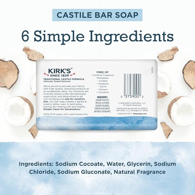 Kirk's Castile Bar Soap for Men, Women, & Children - Made with Premium Coconut Oil, Sensitive Skin Formula, Vegan, Non GMO, Original Fresh Scent, 4 oz. Bars, 24 Pack