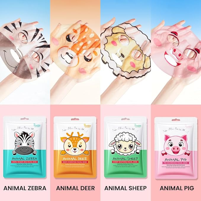 evpct 7-Pack Animal Sheet Face Facial Masks for Women Skincare Spa, Facial Spa Day Slumber Sleepover Birthday Party Favors Supplies Kit, Natural Ingredients, Hydrate and Soothe for All Skin Types