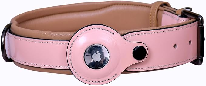 PAWSOFT® Airtag Leather Dog Collar for Medium Large and Extra Large Dog - Soft Padded, Heavy Duty Dog Collar Rust Proof Metal Buckle, Gift for Pets Size-XL (Fits Neck 21-25 inches) Pink