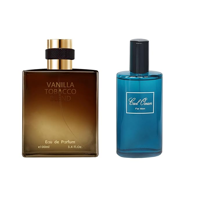 AFLUXE 2PCS Mens Perfume Cologne Long Last Strong EDP Natural Spray Gift Set, with Cocoa, Dried Fruits, Woody Fragrance for Daliy Use, 3.4 Fl Oz / 100 mL Each (Cool Ocean-Men & Vanilla Tobacco)