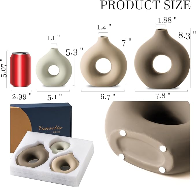Vanselia Ceramic Vase Home Table Decor - Flower Vases Set of 3 Small Living Room Centerpiece Decorations for Shelf Bedroom Office Kitchen Dining Desk Modern Aesthetic Farmhouse Decorative (Farmhouse)