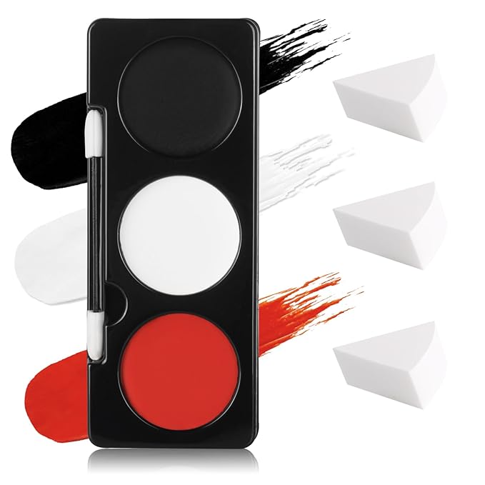 Black White Red Face Paint + 3PC Sponge + Brush,3 Colors Water-Based Red Body Paint Palette Kit for Devil Goths Joker Clown Vampire Skeleton,Halloween Cosplay SFX Makeup 21g