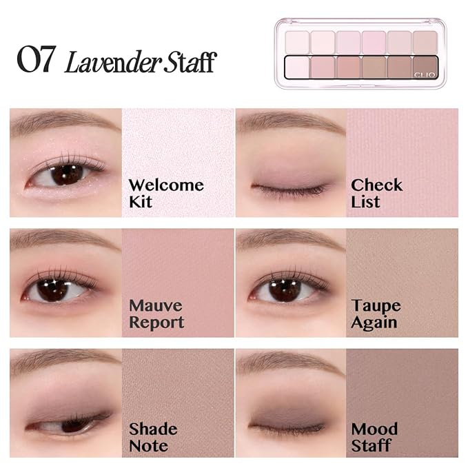 CLIO Pro Eye Palette Air, 12-Color Eye Shadow Palette, Matte Shimmer Mix, Air-Fit Blendable Pigmented Buildable Color, Low Fallout, Cool Mauve Neutral Tone, Daily Korean Makeup (07 LAVENDER STAFF)