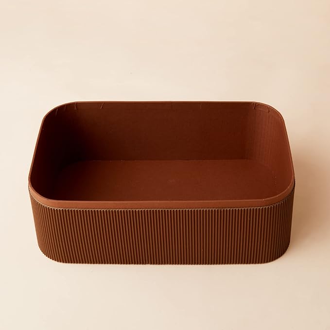 LA JOLIE MUSE Decorative Storage Boxes with Lids Faux Leather, Brown 3 Pack | Vegan Leather Lids, Fluted Cardboard Storage Basket, Organizer for Jewelry, Shelves, Bedroom & Closet Storage Memory Box