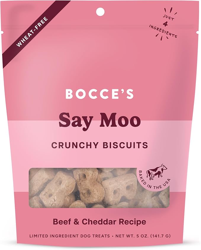 Bocce's Bakery Say Moo Flavor Crunchy Biscuits Dog Treats, 5 oz | Oven Baked, Wheat-Free Everyday Dog Treat Biscuits - Made with Real, Limited Ingredients and Baked in The USA