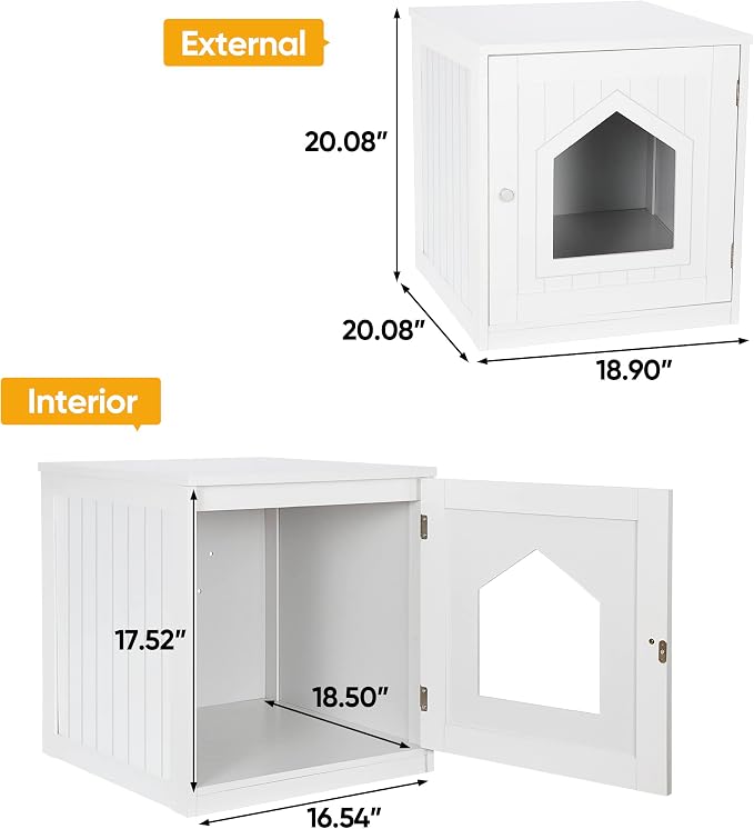 ZENY Cat House & Side Table, Pet Cat Litter Box Enclosure with Vent Holes, Wooden Enclosed Cat Washroom, White