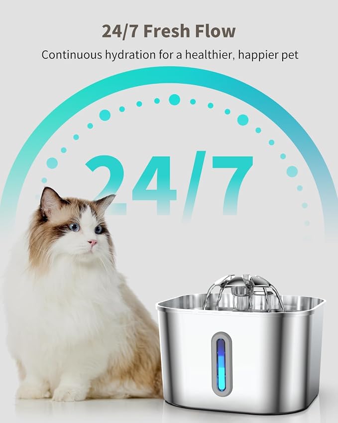 Stainless Steel Cat Water Fountain - 74oz/2.2L Cat Drinking Fountain | Quiet Cat Fountain for Indoor Cats and Small Dogs, Automatic Pet Water Dispenser Keeps Fresh Water