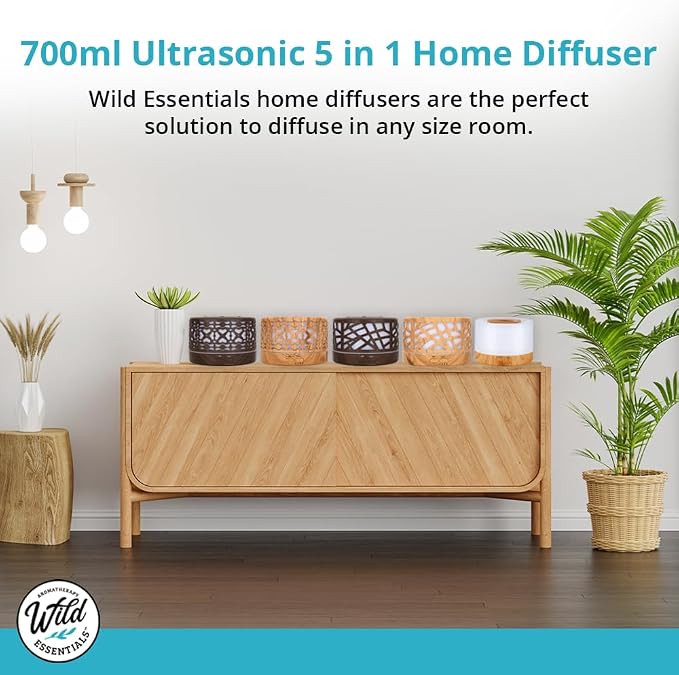 Wild Essentials 700ml Designer Large Room Essential Oil Diffuser, 5 in 1 Ultrasonic Aromatherapy Vaporizer Cool Mist Humidifier, Home, Office, Bedroom, Timer, Auto-Off, 7 Color LED (Light Wood Hearts)
