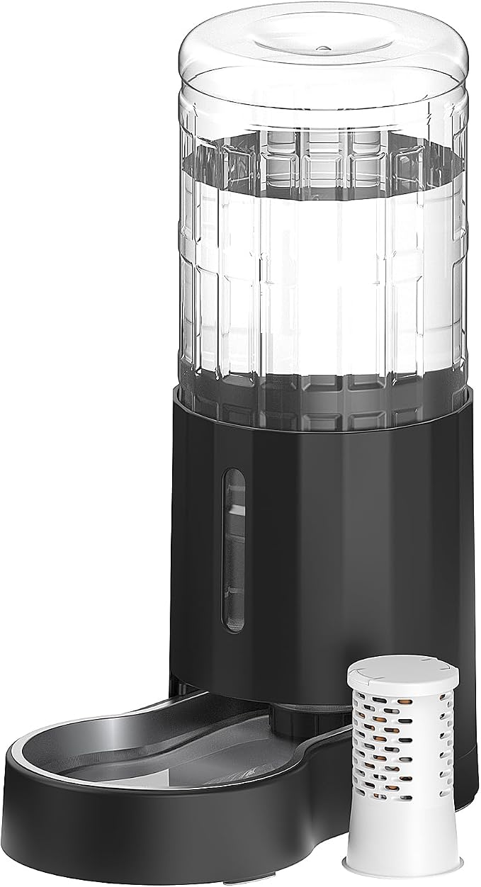 CZPET 2.5 Gallon Dog Water Bowl Dispenser with Filter (9.5L,Black) | With Stainless Steel Bowl Gravity Waterer, Large Capacity and Drinking Area Noise-Free for Pets