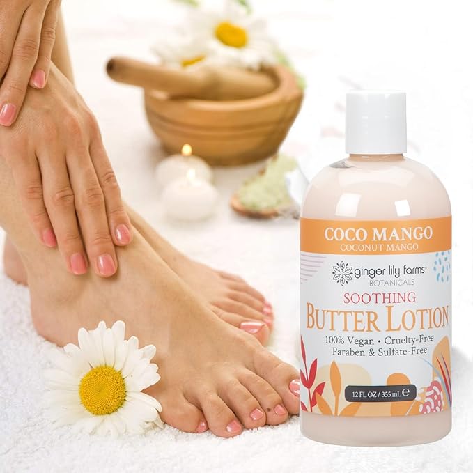 Ginger Lily Farms Botanicals Soothing Butter Lotion for Dry Skin, Coco Mango, 100% Vegan & Cruelty-Free, Coconut Mango Scent, 12 Fl Oz (Pack of 6)