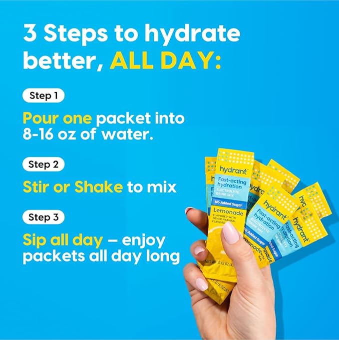 HYDRANT - Hydration Powder, Lemonade Flavor, 30 Individual Sugar-Free Instant Electrolyte Rehydration Packets - Zero Sugar Drink Mix for Daily Use, Travel & Workouts