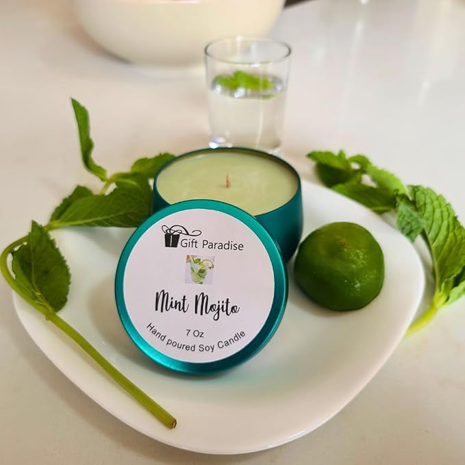 Mint Mojito Scented Soy Wax Candle – 7 oz Fresh Lime & Mint Fragrance, Hand Poured Metal Tin with Cotton Wick, Clean Burn Aromatherapy Candle for Kitchen, Home, Spring & Summer Gifts