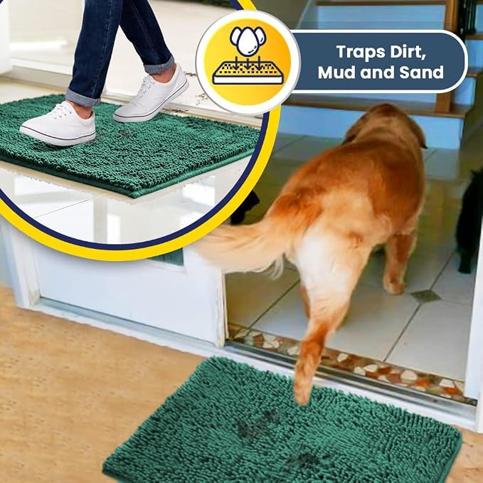Muddy Mat® | Super Water Absorbent Door Mat Indoor, Microfiber Quick Dry Chenille Entryway Rug, Slip Resistant Front Door Mat, Indoor Mats for Entryway, Machine Washable Pet Rug, Dark Green 30"x19"