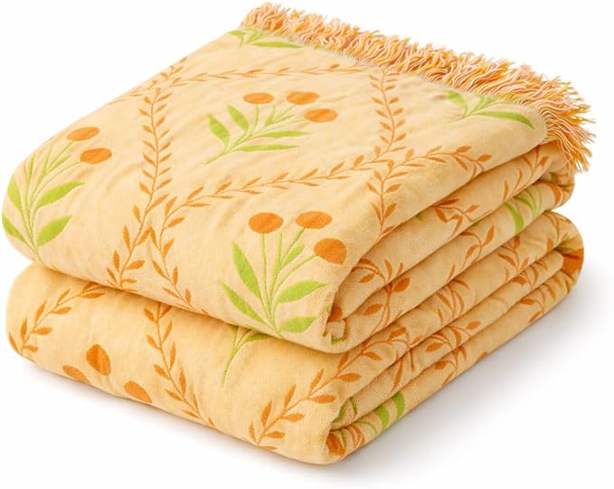100% Cotton Boho Throw Blanket for Home Decor – Classic Farmhouse Quilt Bedding, Muslin Blankets for Adults, Vintage Woven Decorative Blanket for Couch, Bed Layering Use, Vintage Floral, 50"x60"