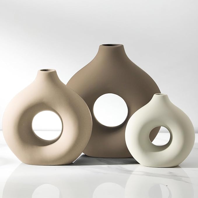 Vanselia Ceramic Vase Home Table Decor - Flower Vases Set of 3 Small Living Room Centerpiece Decorations for Shelf Bedroom Office Kitchen Dining Desk Modern Aesthetic Farmhouse Decorative (Farmhouse)