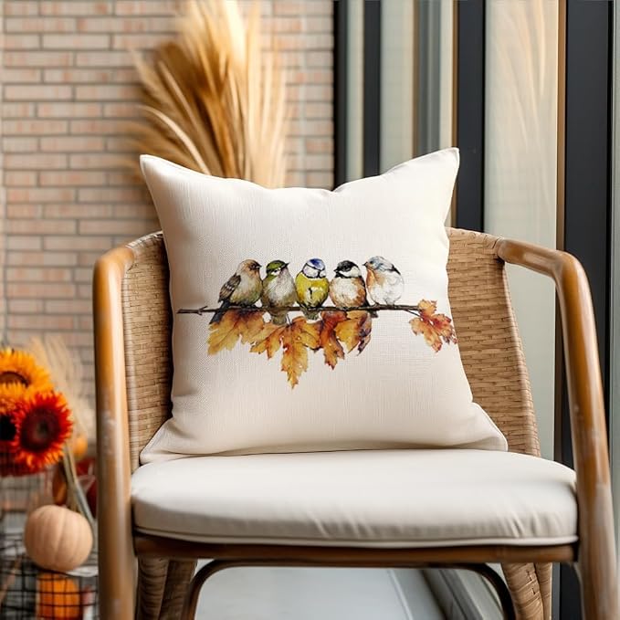 RABUSOFA Fall Pillow Covers 16x16 Inch Watercolor Bird Autumn Decorations for Home Outdoor Thanksgiving Decor Maple Leaf Decorative Throw Pillow Cases Farmhouse for Couch Sofa