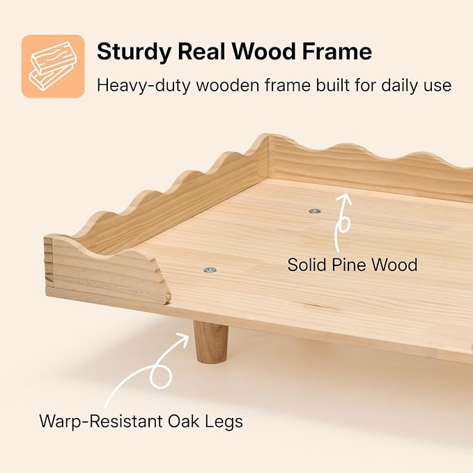 Veehoo Elevated Dog Bed for Small Dogs, Fancy Luxury Wooden Dog Bed Frame | Aesthetic Raised Pet Furniture, Low Entry, Sturdy Real Wood Frame, Soft Cushion, Non-slip Bottom, Easy Assembly, 28" x 22"