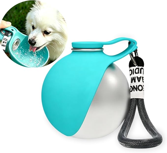 Dog Water Bottle Portable, 2in1 Round Dog Water Bowl Stainless Steel 10oz