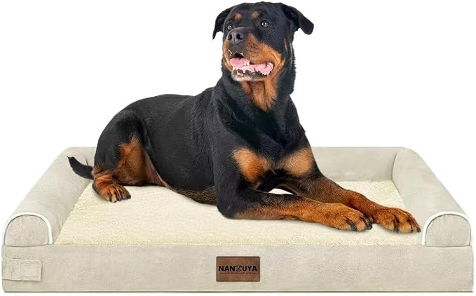 Orthopedic Dog Bed for XX-Large Dogs, 44 x 34 Inch, Beige | Egg crate foam for joint support, 3-sided bolster pet sofa, waterproof lining, washable cover, and non-skid base