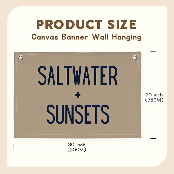 Beach Room Decor Banner, Boho Coastal Saltwater Sunsets Wall Art Linen Canvas Banner Flag for Aesthetic Room Decor, Playroom Nursery Surf Decor,Housewarming Gift, Beach Gifts boyroom