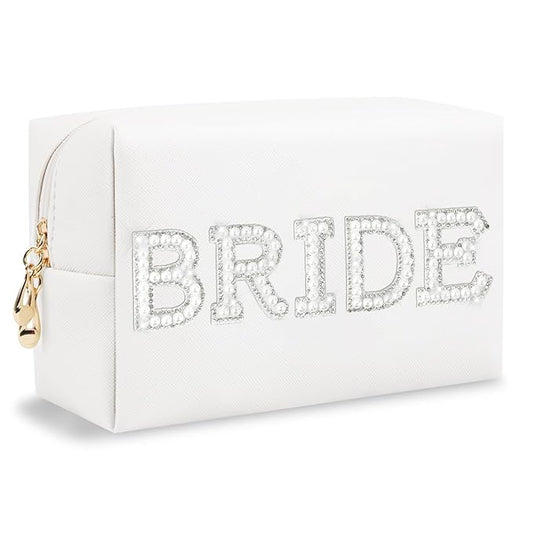 ChaoGreat Bride Gifts – Personalized Makeup Bag with Pearl Rhinestone Patch, Preppy White Monogram Cosmetic/Toiletry Pouch, bridesmaid Gifts, Bridal Shower Gifts, Wedding Gifts, Bridal Gifts,Bride