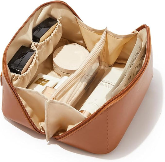 EACHY Travel Makeup Bag, Large Capacity Cosmetic Bag for Women, Waterproof PU Leather, Flat Open Portable Toiletry Bag for Skincare, Brushes & Travel Essentials