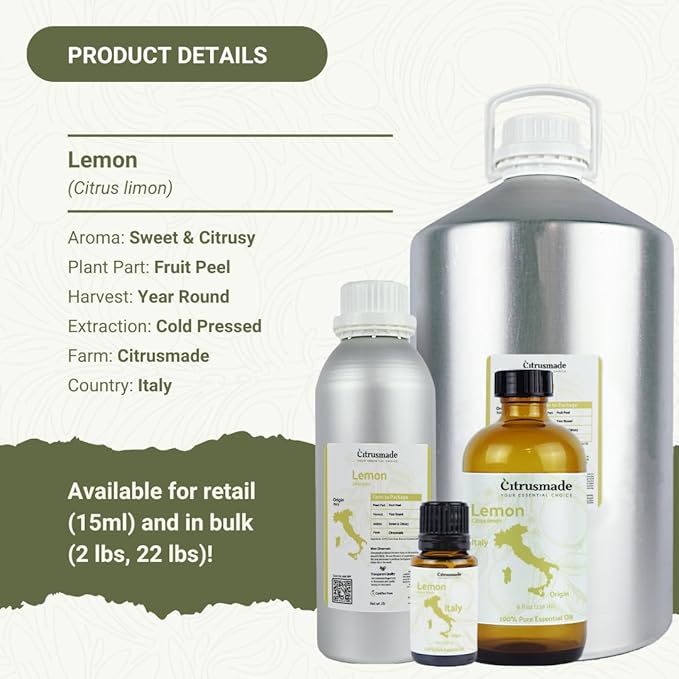 Lemon Essential Oil - Direct from Citrusmade Southern Italy - Cold Pressed - Aceite de Limón for Aromatherapy, Massage, Diffuser, DIY Candle and Soap Making - 22lbs