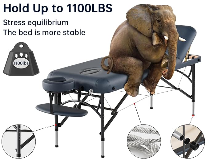 CLORIS 84" Professional Massage Table Portable 3 Folding Lightweight Facial Salon Spa Tattoo Bed Height Adjustable with Carrying Bag & Aluminium Leg Hold Up to 1100LBS Blue