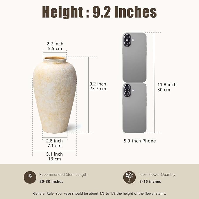 Ceramic Flower Vase Home Decor - 9.2 inch Large Farmhouse Table Vases, Rustic Decorative Vases for Kitchen Living Room Coffee Dining Shelf Mantel Decoration