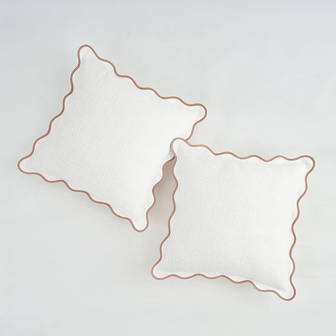 Scalloped Pillow Covers Set of 2 for Living Room | Spring Decorative Sofa Couch Pillows | Boho Sytle Decorative Home | Aesthetic Funky Preppy Pillow Cases (Beige & Brown, 22x22 Inch)