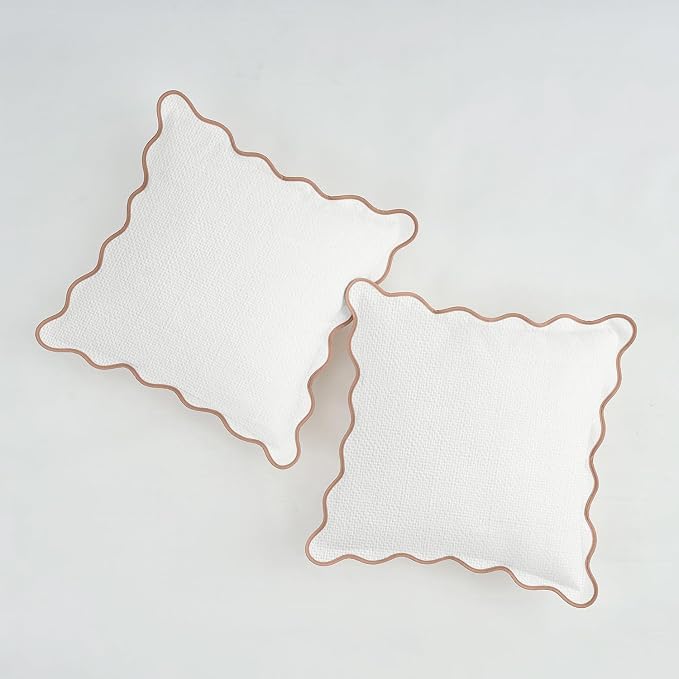 Scalloped Pillow Covers Set of 2 for Living Room | Spring Decorative Sofa Couch Pillows | Boho Sytle Decorative Home | Aesthetic Funky Preppy Pillow Cases (Beige & Brown, 18x18 Inch)