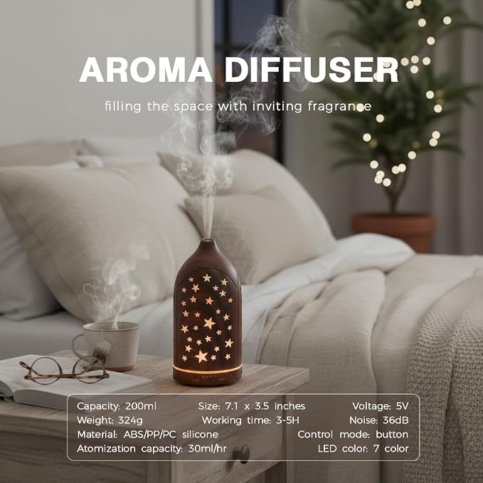 Aromatherapy Diffusers,7.1''x3.5''Diffuser with 3 Essential Oil Set | 200ml Office Desk Humidifier with 7 LED Colors Night Lights,Automatic Shut-off for Small Space Home Decor Gift(Star)