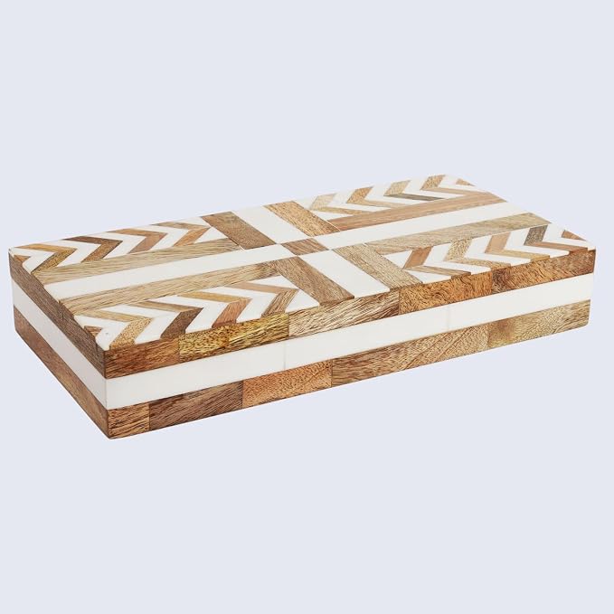 Handicrafts Home White Large Decorative Storage Box with Lid Wooden Decorative Box Coffee Table Storage Box Living Room Organizer Storage Box – Resin Inlay Patisserie Adorn Collection- 12x6x2