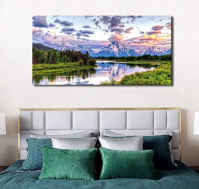 arteWOODS Nature Canvas Wall Art - Mountain River Forest Picture Oxbow Bend Grand Teton Landscape Wall Decor Artwork Green Painting Print for Living Room Bedroom Home Office Decoration 29" x 58"