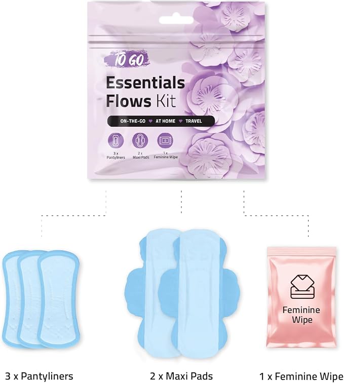 Essential Flows Kit with 3 Pantiliners, 2 Maxi Pads & 1 Feminine Wipe – Light Daily Period Care for Women & Girls – Travel Hygiene Pack (Purple) (5)