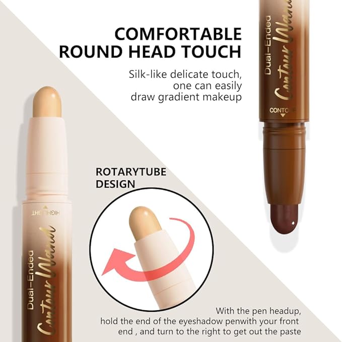 Dual-Ended 2-in-1 Cream Contour & Highlighter Stick Makeup For Face & Body – Waterproof, Long-Lasting, Suitable for All Skin Tones, 04#Nude Brown + Nude