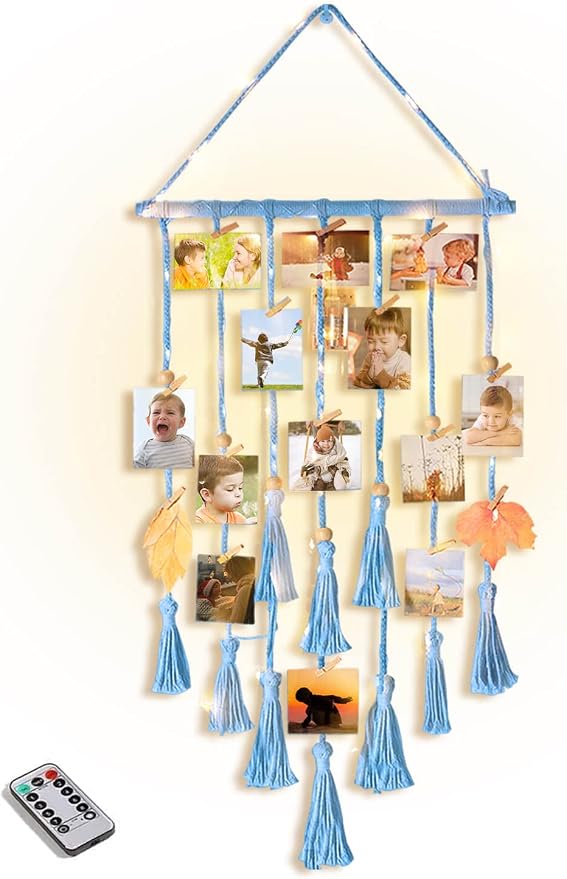 Hanging Photo Display Wall Decor, Blue Macrame Hanging Boho Room Bedroom Decor, Picture Frame Collage with Light & 30 Clips, Christmas Teenage Teen Girl Gifts Ages 10 11 12 13 14 Years Old