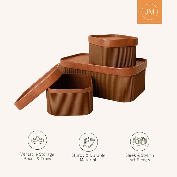La Jolie Maison Decorative Storage Boxes with Lids Faux Leather, 3 Pack | Chestnut Vegan Leather Lids, Fluted Cardboard Storage Basket, Organizer for Shelves, Bedroom & Closet Storage Memory Box