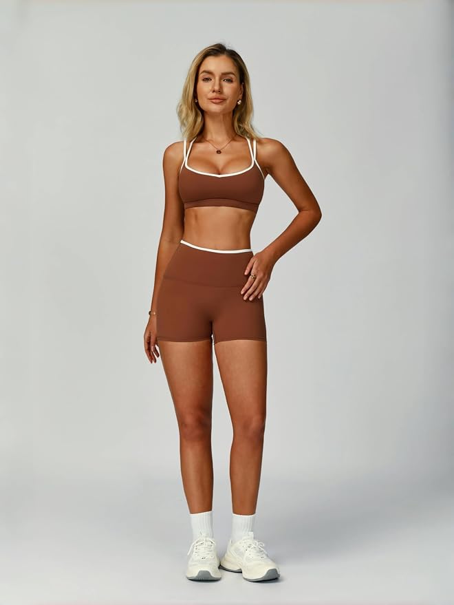 ABOCIW Workout Sets for Women 2 Piece Color Block Strappy Sports Bra High Waist Shorts Gym Yoga Pilates Outfits