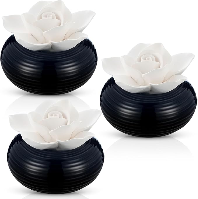 Honeydak 3 Pcs Ceramic Essential Oil Diffuser, Non Electric Reedless Passive Porcelain Flower Aromatherapy Diffuser, Decorative Floral Design Tabletop Office Home Bathroom Decor (Camellia)
